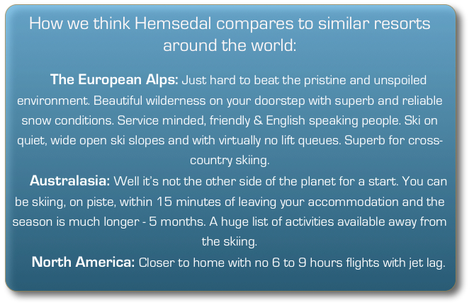 How we think Hemsedal compares to similar resorts around the world: The European Alps: Just hard to beat the pristine and unspoiled environment. Beautiful wilderness on your doorstep with superb and reliable snow conditions. Service minded, friendly & English speaking people. Ski on quiet, wide open ski slopes and with virtually no lift queues. Superb for cross-country skiing. Australasia: Well it’s not the other side of the planet for a start. You can be skiing, on piste, within 15 minutes of leaving your accommodation and the season is much longer - 5 months. A huge list of activities available away from the skiing. North America: Closer to home with no 6 to 9 hours flights with jet lag.